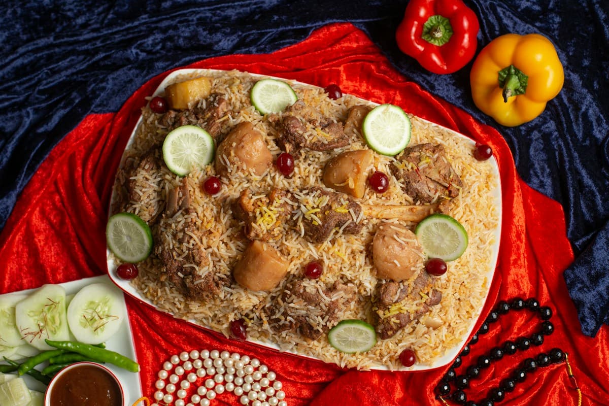 Kacchi biryani with egg and cucumber